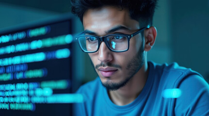 Focused programmer coding on a computer screen