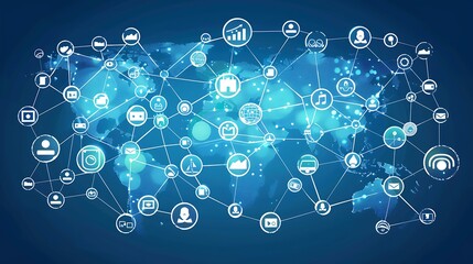 A digital network map illustrating global connectivity through various icons and symbols.