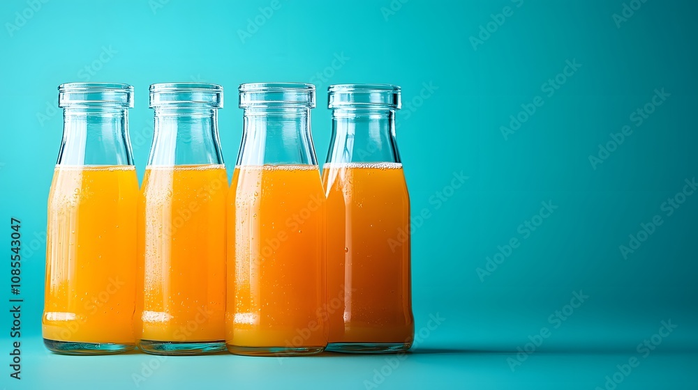 Laboratory setting with glass bottles of orange juice arranged as ...