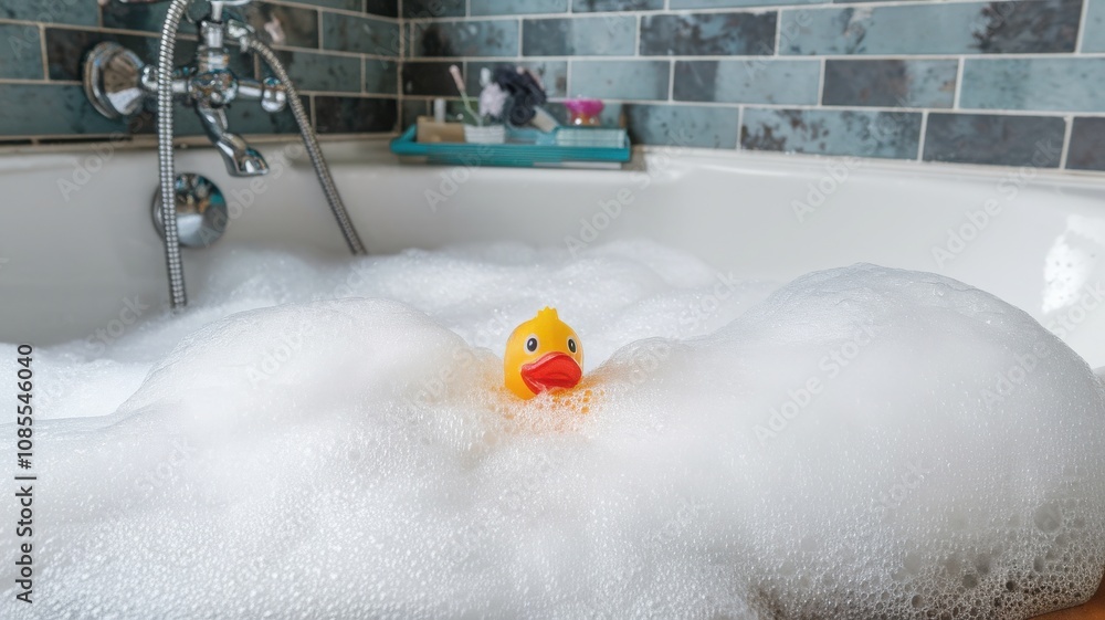 Colorful rubber duck in a bathtub filled with soap bubbles. Banner ...