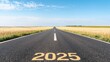 © DC Stocker - A long, empty road stretches into the distance, marked with the year '2025,' flanked by golden fields under a clear blue sky.