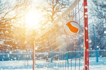 A white volleyball hangs in the net on a snowy day with sun shining in the background.