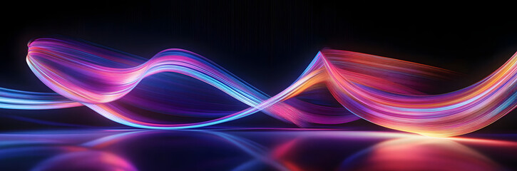Wall Mural - 3d render. Abstract panoramic background of looped dynamic neon lines glowing in the dark room with floor reflection. Virtual fluorescent ribbon loop. Fantastic minimalist wallpaper