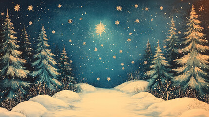 Wall Mural - Winter Night's Embrace: Serene snowfall blankets a tranquil winter landscape, where snow-covered pines stand tall under a starlit sky, creating a magical and peaceful scene. 