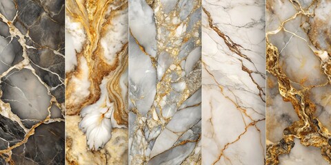 Wall Mural - A collection of marble textures featuring rich veins, swirling patterns, and shimmering metallic accents.