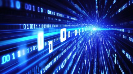 Minimalist digital data concept with binary code and abstract lines across dark blue background