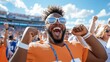 © EvgeniiasArt - Jubilant sports fan celebrates victory in stadium with sunglasses and orange jersey