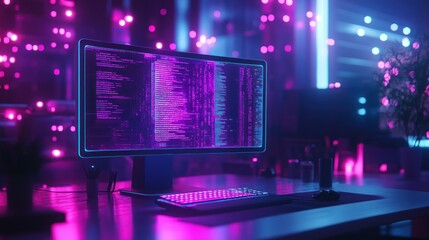 Computer setup with neon lights and coding display.