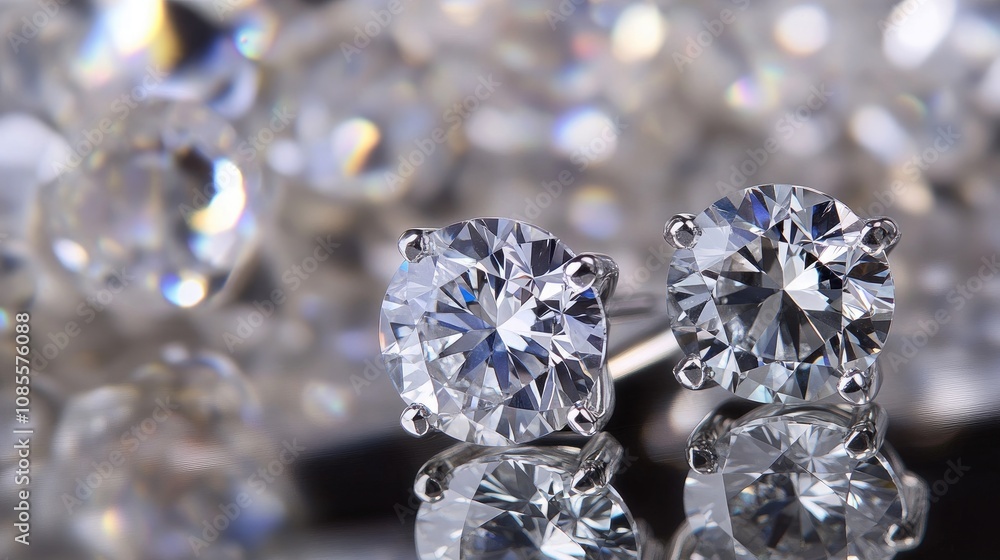 Beautifully Captured Close-Up of Sparkling Diamond Stud Earrings Surrounded by Shimmering Gems on Reflective Surface, Ideal for Luxury Jewelry Promotion and Fashion Photography