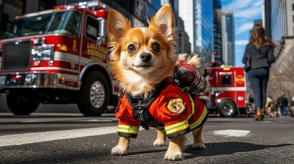  Adorable Chihuahua in Firefighter Costume on City Street