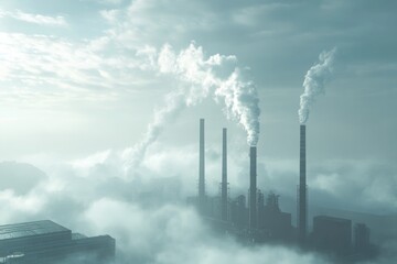 Foggy industrial landscape with smokestacks and chimneys emitting white clouds of air.