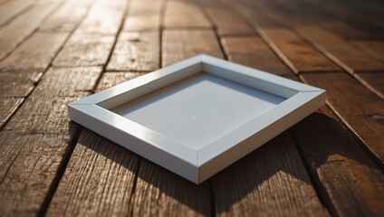 Wall Mural - white empty frame mockup on wooden tiles floor with aesthetic shadow