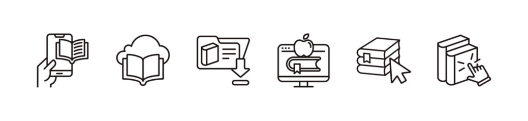 Poster - education digital book online library line icon set media study course reading journal literature e-learning signs vector illustration