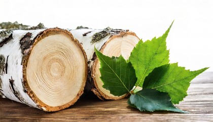 birch is a deciduous hardwood tree of the genus Betula. Wood log, leaf or leaves showing inside growth rings, used for making planks for building homes or structures. Isolated on white background