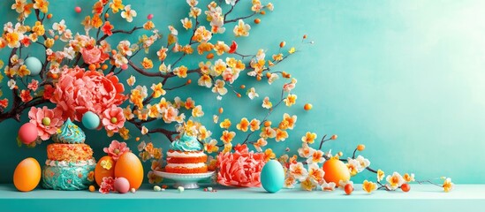 Colorful tree branches adorned with vibrant eggs and festive cakes creating a lively spring decoration on a table