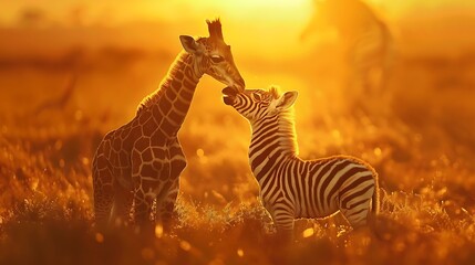 a baby giraffe affectionately interacting with an adult giraffe at sunset in a serene savanna enviro