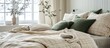 © MetaPixel - Cozy Scandinavian style bedroom featuring a beige plaid bedspread and green pillows perfect for winter home decor