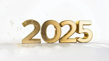A 3d video rendering golden metal number 2025 floating gracefully clean white background celebrating New Year elegance festive style christmas present design three dimensional banner olated gold