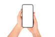 © Pornprasit Panada - Hand showing smartphone with blank screen isolated on white background.