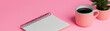 © JackBoiler - minimal pastel study desk featuring notepad and cup of coffee creates serene workspace. pink background adds cheerful touch, perfect for inspiration