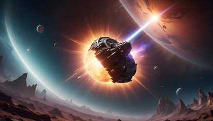 Wall Mural - a mysterious futuristic spacecraft hovers above a distant alien planet its glowing energy core puls