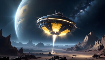 Wall Mural - a mysterious futuristic spacecraft hovers above a distant alien planet its glowing energy core puls
