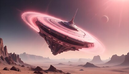 Wall Mural - a mysterious futuristic spacecraft hovers above a distant alien planet its glowing energy core puls