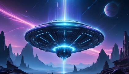 Wall Mural - a mysterious futuristic spacecraft hovers above a distant alien planet its glowing energy core puls