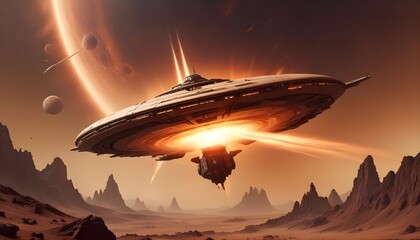 Wall Mural - a mysterious futuristic spacecraft hovers above a distant alien planet its glowing energy core puls