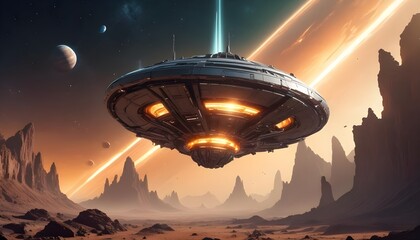 Wall Mural - a mysterious futuristic spacecraft hovers above a distant alien planet its glowing energy core puls