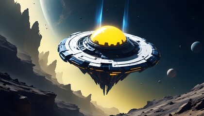 Wall Mural - a mysterious futuristic spacecraft hovers above a distant alien planet its glowing energy core puls
