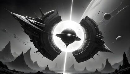 Wall Mural - a mysterious futuristic spacecraft hovers above a distant alien planet its glowing energy core puls