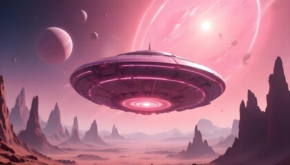Wall Mural - a mysterious futuristic spacecraft hovers above a distant alien planet its glowing energy core puls