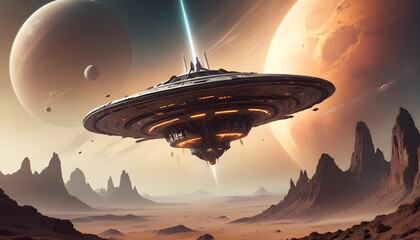 Wall Mural - a mysterious futuristic spacecraft hovers above a distant alien planet its glowing energy core puls