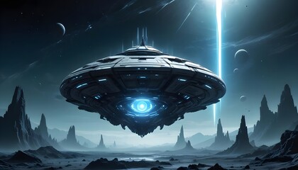 Wall Mural - a mysterious futuristic spacecraft hovers above a distant alien planet its glowing energy core puls