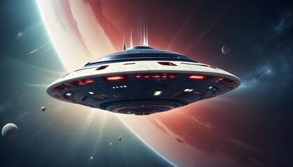 Wall Mural - a mysterious futuristic spacecraft hovers above a distant alien planet its glowing energy core puls