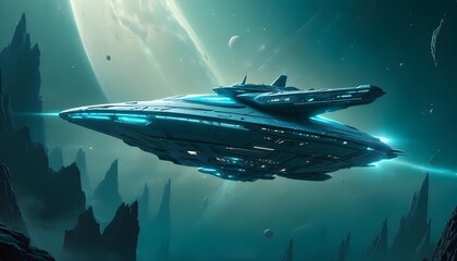 Wall Mural - a mysterious futuristic spacecraft hovers above a distant alien planet its glowing energy core puls