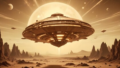 Wall Mural - a mysterious futuristic spacecraft hovers above a distant alien planet its glowing energy core puls