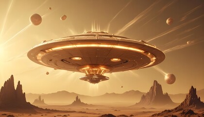 Wall Mural - a mysterious futuristic spacecraft hovers above a distant alien planet its glowing energy core puls