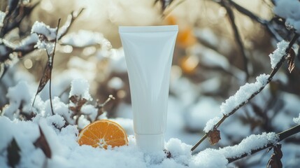 Winter Skincare, Orange Vitamin c cosmetic Winter Skincare Face cream tube simulate mask bottle and eye cream