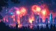 © zulie - City skyline illuminated by vibrant fireworks display.