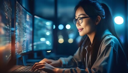 A programmer works late into the night on coding projects