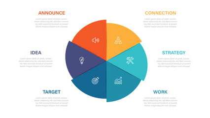Wall Mural - pie chart glassmorphism infographic template with 6 options, steps, parts, segments. vector illustra