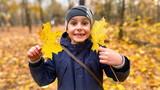 Jesienny portret chłopca, sześciolatek, brak mlecznych zębów, jesienny park, żółte liście. Uśmiechnięty chłopiec.