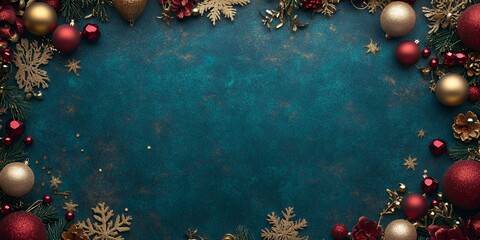 Wall Mural - Festive Holiday Decorations Featuring Red and Gold Ornaments, Pine Branches, and Glittering Snowflakes Arranged on a Turquoise Background During the Winter Season