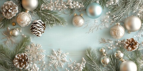 Sticker - Seasonal Decorations Featuring Elegant Silver and White Ornaments Surrounded by Pine Branches and Snowflakes Create a Festive Atmosphere for the Holiday Season