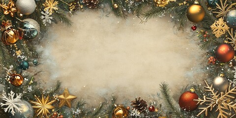 Wall Mural - Festively Decorated Background With Assorted Ornaments, Pine Branches, and Golden Accents Suitable for Holiday Greetings and Invitations During Winter Celebrations