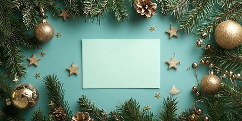 Canvas Print - A Festive Winter Arrangement Featuring Gold Decorations, Pine Branches, and a Blank Card on a Turquoise Backdrop During the Holiday Season