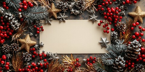 Wall Mural - A Festive Arrangement of Pinecones, Holly Berries, and Golden Stars Surrounding a Blank Card on a Textured Surface During the Holiday Season