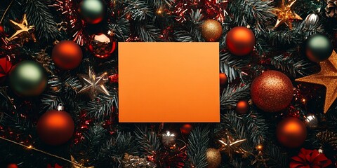 Canvas Print - A Vibrant Orange Gift Box Nestled Among a Festive Arrangement of Colorful Ornaments and Glittering Decorations on a Christmas Tree